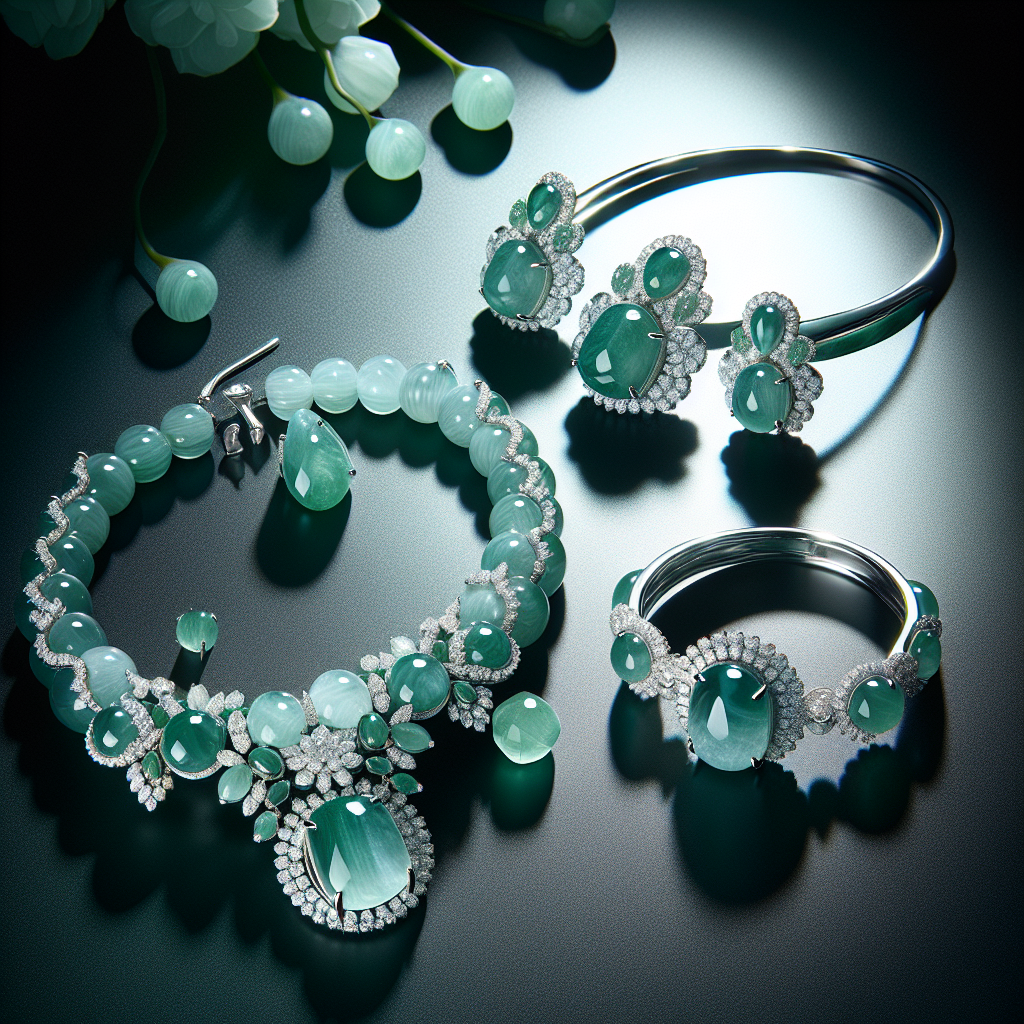 a closeup shot of beautiful set of jadiete ewellery consisting of a pair of earring, bracelet, and rings beautifully displayed and matching in design with good lighting that catches the lustre in professional photography quality.