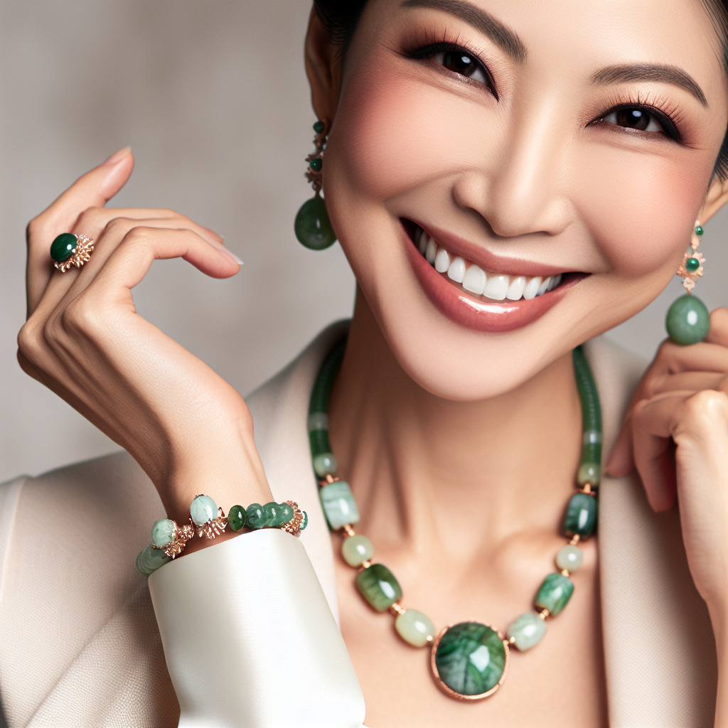 generate a beautiful, well groomed asian woman in early thirties wearing jadiete jewellery looking radiant, happy and confident.