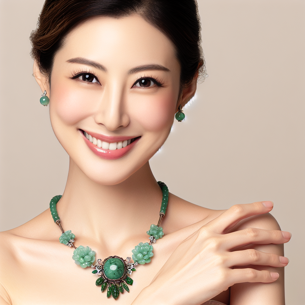 generate a beautiful, well groomed asian woman in early thirties wearing jadiete jewellery looking radiant, happy and confident.